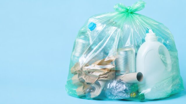 Transparent Garbage Bag Filled with Plastic and Recyclable Household Waste