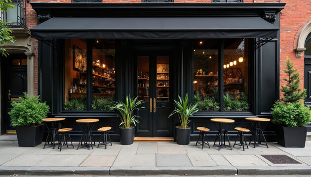 New York cafe facade with outdoor seating. Black awning over glass windows and doors shows shelves stocked with items. Small tables and chairs outside on sidewalk.