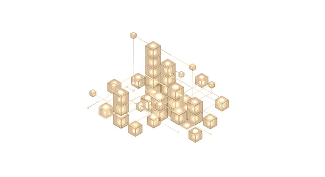A network of interconnected gold-toned cubes connected by thin luminous lines forms an abstract data structure floating against a clean minimalist white background aesthetic.