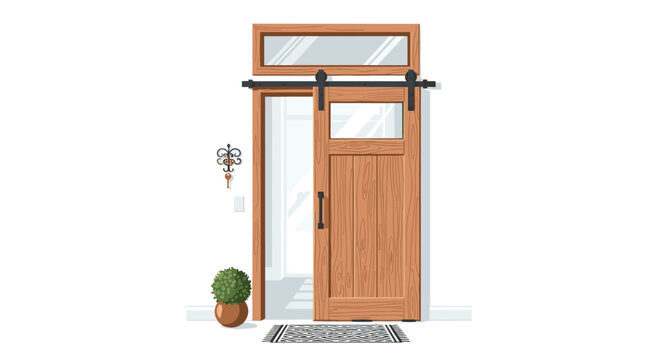 A rustic wooden sliding door with a glass transom window is installed on a black metal track against a minimalist white wall with a potted plant and key holder.