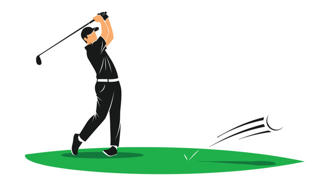 A male golfer in a dark outfit performs a full athletic swing while hitting a small textured white golf ball across a vibrant green field against a plain white background.