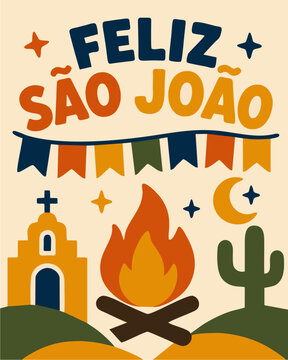 Feliz S&atilde;o Jo&atilde;o com Fogueira Bandeirinhas e Capela em Estilo Vetorial Minimalista