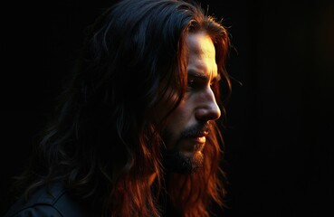 Fototapeta premium Man with long dark hair and beard profile. Dramatic low light sculpts face with warm side illumination. Moody portrait captures thoughtful intense gaze in studio.