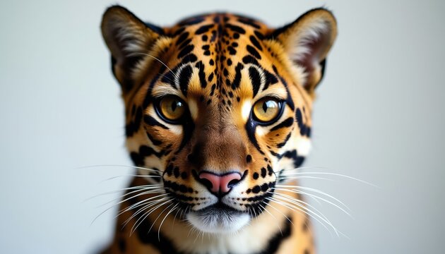 Clouded leopard face close up. Spotted feline mammal with yellow eyes and pink nose looks directly ahead. Wild predator textured coat detail.