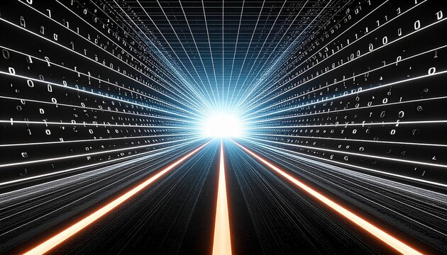 Streaming data, binary data moving on a digital tunnel, artificial intelligence concept 