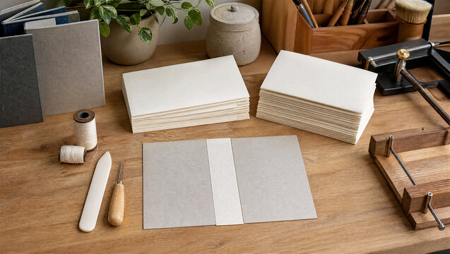 Bookbinding workbench with blank covers and tools