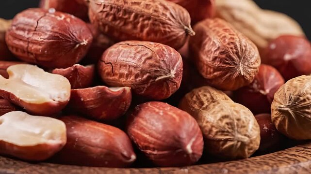 Closeup shot of roasted peanuts in a wooden bowl.