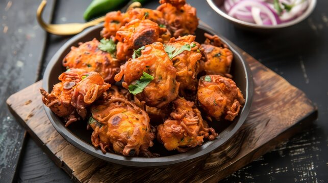 Close up of crispy fried Indian pakoras garnished with fresh cilantro, served in a black bowl on a wooden cutting board.