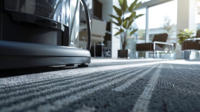 Closeup of a black vacuum cleaner on a striped carpet with sunlight streaming through a window.