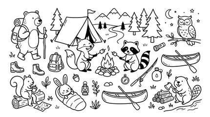 Fototapeta premium Camping animals in the woods scene.