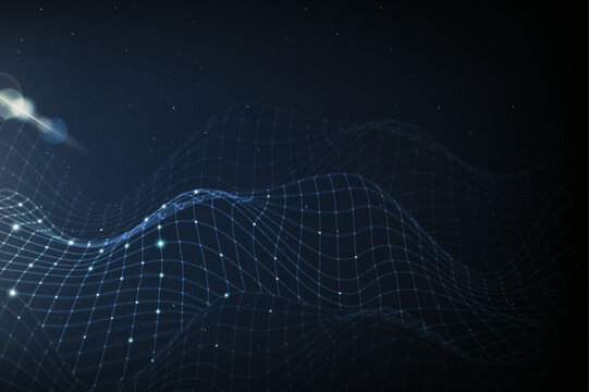 Abstract blue glowing wireframe wave grid with particles and stars on dark background, futuristic digital technology network concept for science data and cyber design