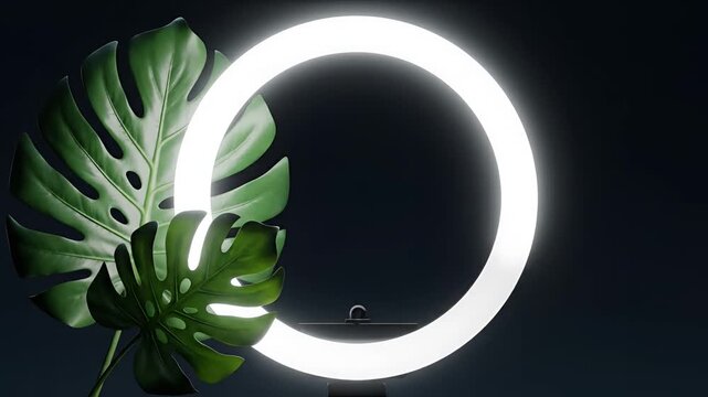 Illuminated Ring Light with Lush Green Monstera Leaves.