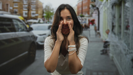 Obraz premium Woman cupping hands to mouth calling on a busy city street wearing white watch and braided bracelets, smiling with open mouth; joy announcement.