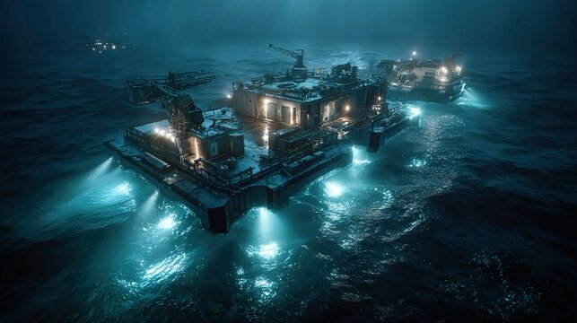 Autonomous AI-powered deep-sea mining platforms simulating ocean currents, predicting resource yield, and deploying adaptive extraction strategies for sustainable underwater material harvesting