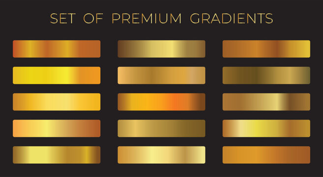 Golden gradients set. Metallic gold gradients. Elegant gold gradients isolated. gold foil texture .golden colour swatches.Set of colors for design,collections 