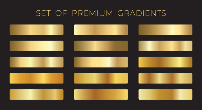 Gold gradient set. Realistic metallic gold textures with smooth gradients and shine effects. Vector illustration for luxury design, premium background and elegant UI concepts.