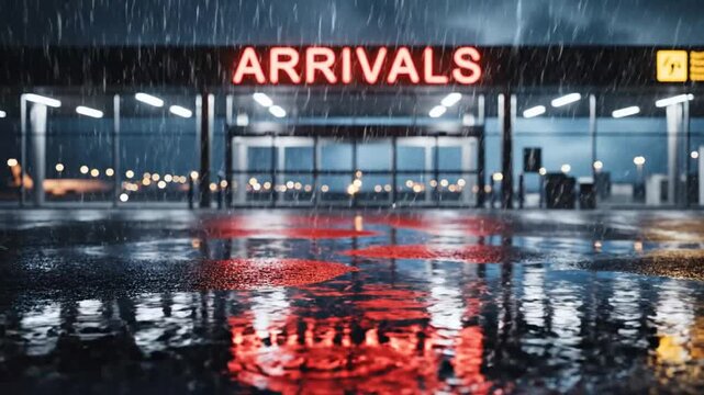 Red neon ARRIVALS sign at an airport terminal entrance on a rainy night.