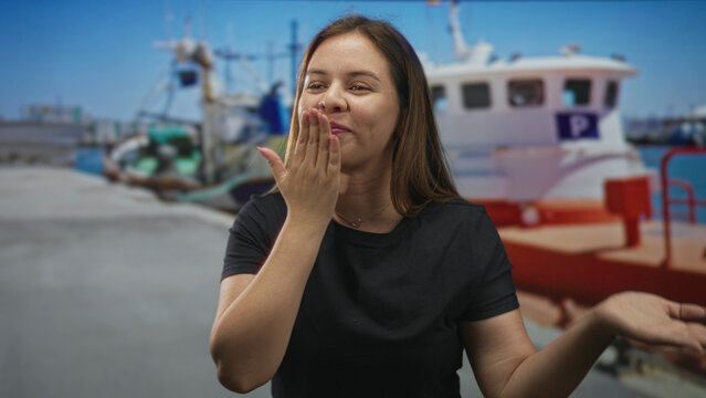Young woman blowing a kiss with hand at a sunlit port pier by boats and seaside; affection greeting.