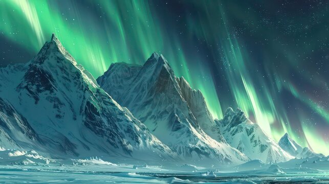 A breathtaking view of the Northern Lights dancing over snow-capped mountains.
