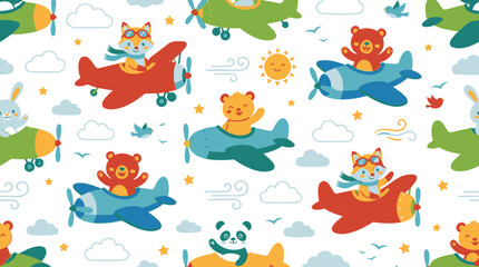 Obraz premium Colorful cartoon bear in airplane.