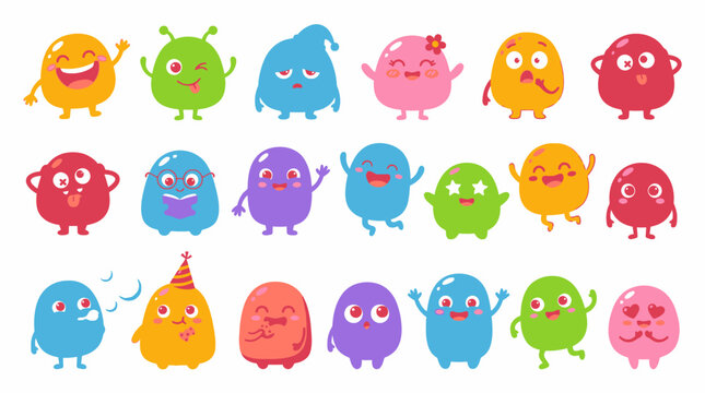 Colorful cartoon monster characters smiling happy.