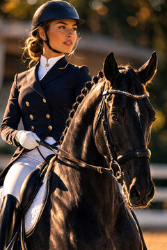 Elegant equestrian rider on a stunning black horse in sunlight