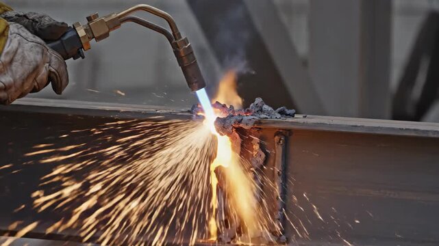 Skilled worker meticulously uses a precision cutting torch to shape industrial steel beams at a construction site, showcasing intense heat and sparks.