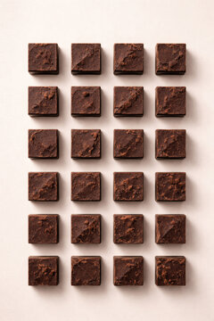 Arrangement of dark chocolate squares on a soft background