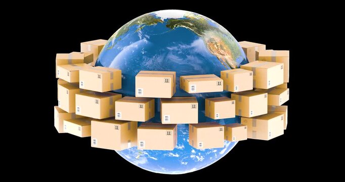 Earth Globe surrounded by parcels, cardboard shipping boxes rotation animation seamlessly loopable. 3D rendering isolated on transparent background