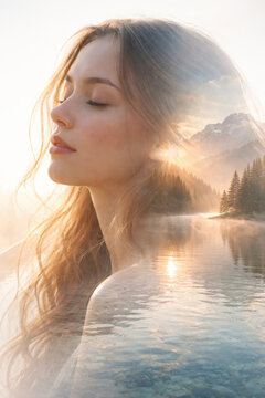 Young woman with flowing hair and serene landscape reflection