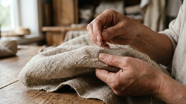 Close up of elderly hands sewing with needle and thread on rustic linen fabric at a wooden table