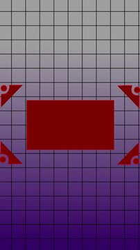 Geometric design features red rectangle with corners on grid. Geometric design visualizes modern art and technology. Geometric design enhances visuals with abstract elements.
