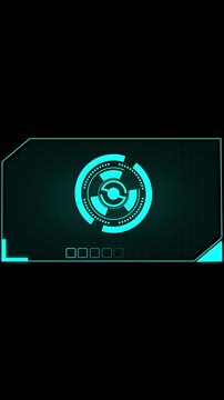 Detailed cyan head-up display features circular logo on dark. Head-up display interface visualizes technology and digital. Head-up display interface enhances visuals with modern design.