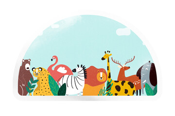 Obraz premium Animal kingdom png, cartoon illustration sticker, semicircle with white border in transparent background