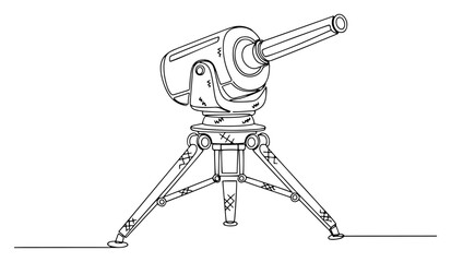 Futuristic sci-fi turret on tripod continuous one line drawing, laser cannon defense system, space base technology outline illustration © ----WWWLINE----