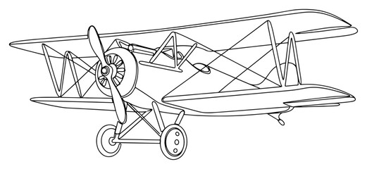 Vintage biplane aircraft continuous one line drawing, retro propeller airplane in flight, old school aviation transport illustration © ----WWWLINE----