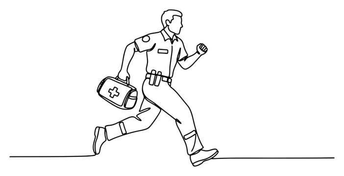 Paramedic running with first aid kit continuous one line drawing, emergency medical service responder, healthcare professional illustration