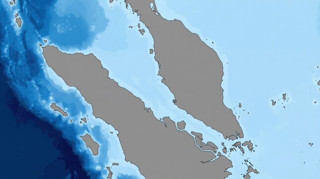 Opened ingredientStrait of Malacca bathymetric depth map, Malaysia and Sumatra Indonesia ocean floor topography illustration
