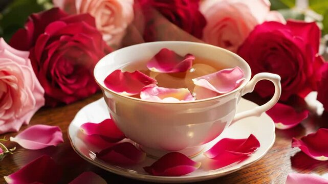 Romantic rose tea arrangement, tea cup on a saucer with rose petals and beautiful red and pink roses for a relaxing moment.