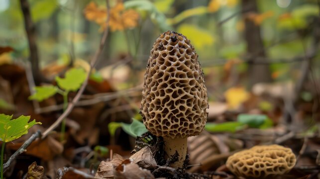 A close-up of a morel mushroom growing in the forest. The mushroom is light brown with a textured surface. The background is blurred and out of focus.