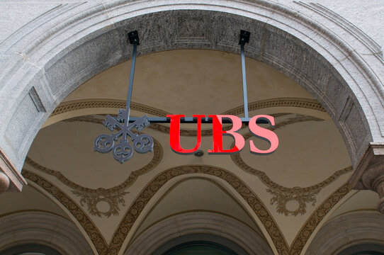 UBS bank corporate sign and logo hanging outside a branch office in Lugano Switzerland