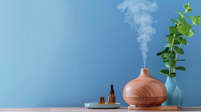 Wooden Essential Oil Diffuser with Steam and Essential Oils on a Tabletop.