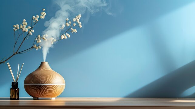 Wooden essential oil diffuser with white flowers and vapor on a blue background.