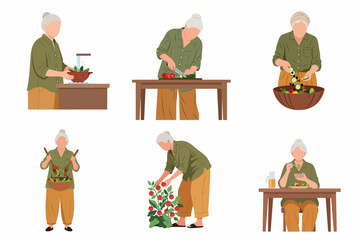 Fototapeta premium Senior Woman Character Set Preparing and Eating Healthy Fresh Salad Flat Illustration