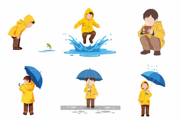 Obraz premium Vector illustration set of a little boy in a yellow raincoat enjoying rainy day activities like jumping in puddles and holding an umbrella