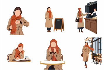Fototapeta premium Vector illustration set of a woman in autumn trench coat and scarf at a cafe, ordering coffee, writing, and checking time