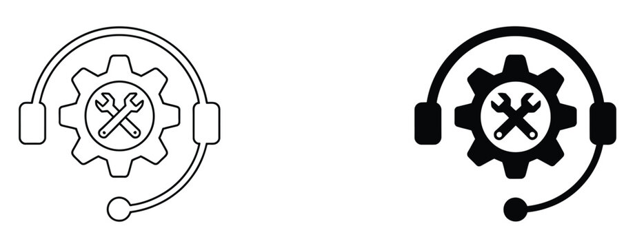 Technical support icons with headset, gear, and wrench representing customer service, maintenance assistance, and troubleshooting support