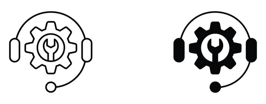Technical support icons set featuring headset, gear, and wrench symbolizing help desk, system maintenance, and customer service repair solutions