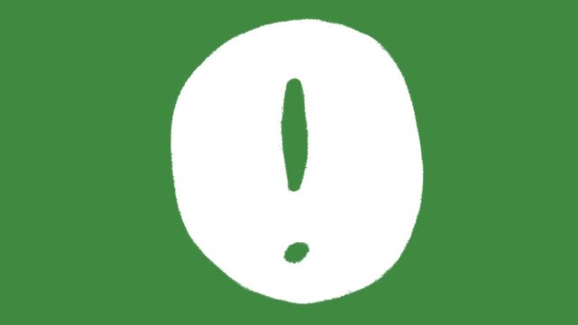 White chalk exclamation mark circle icon drawn isolated on green screen chalkboard texture with simple caution or attention alert button sketch cartoon for information notice error message sign.