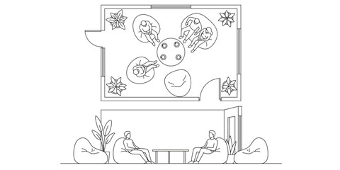 Architectural lounge seating CAD drawings with bean bags, coffee tables, indoor plants and people. Top view and elevation floor plan vector illustration © JIm Studio
